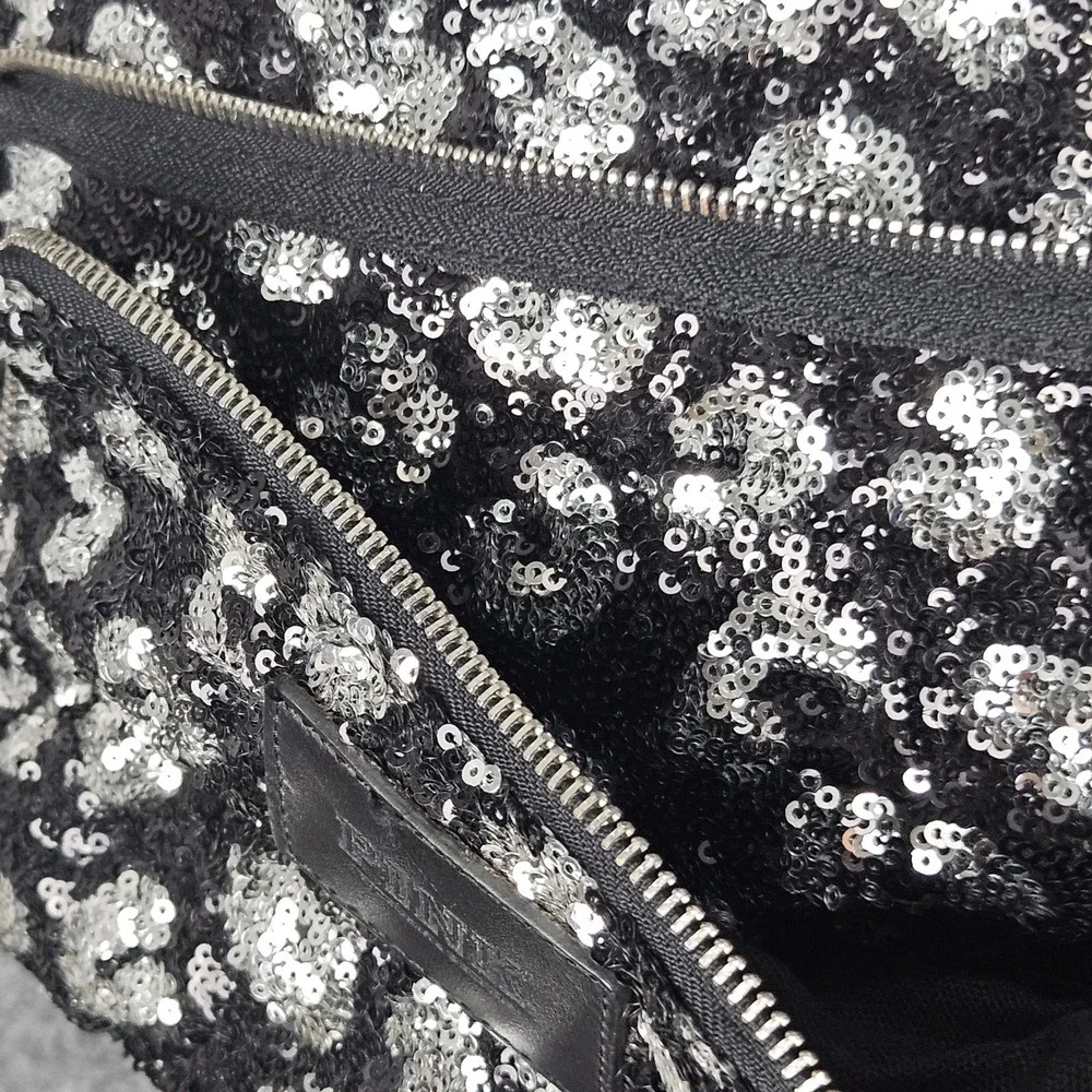 Victorias Secret PINK Backpack Shiny Black Silver Sequin Leopard‎ Animal Print